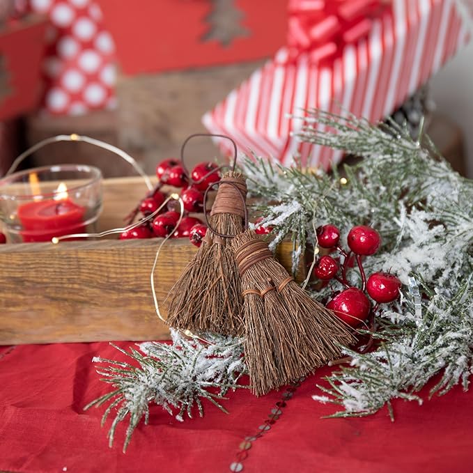 Highly Scented Pine & Balsam Mini Brooms - 3 Inch Rustic Heather Brooms with Rope Loop for Easy Hanging - Farmhouse Kitchen Accent, Witchy Halloween Décor, Cozy Holiday Home Decoration - 5 Pack