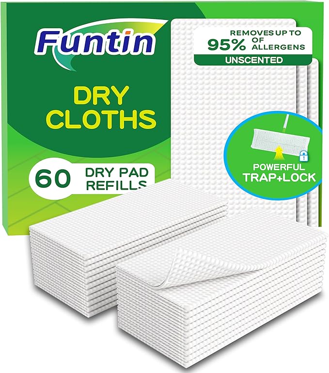 Funtin Thickened Mop Pads for Swiffer Sweeper, Unscented Disposable Mopping Cloths, Dry & Wet Use for Dirt, Dust, Hair, Home, Bathroom, Kitchen (60ct)
