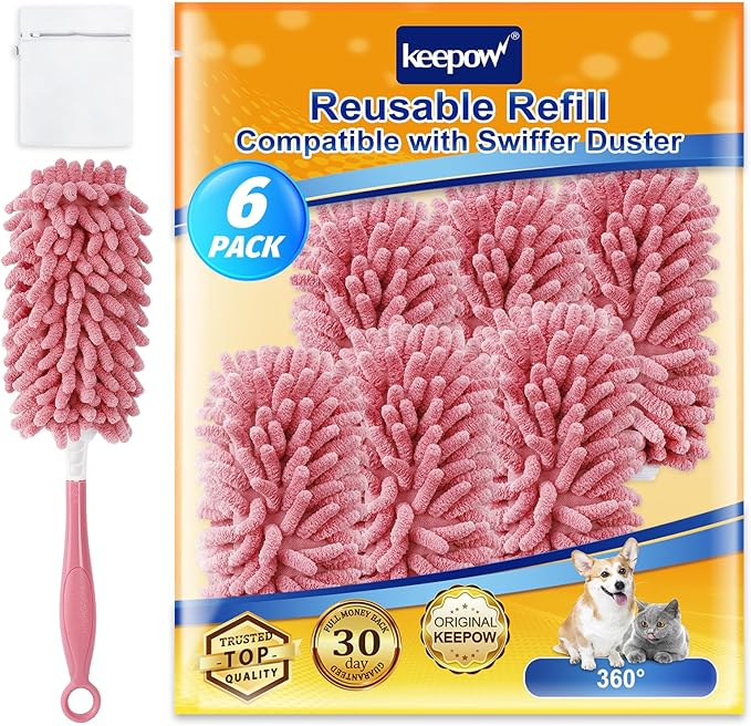 KEEPOW 6 Pack Pink Duster Refills Compatible with Swiffer Duster Handle, Reusable Microfiber Pads Compatible with Swiffer Heavy Duty Dusters, 360 Dusting for Cleaning Window(Handle is Not Included)