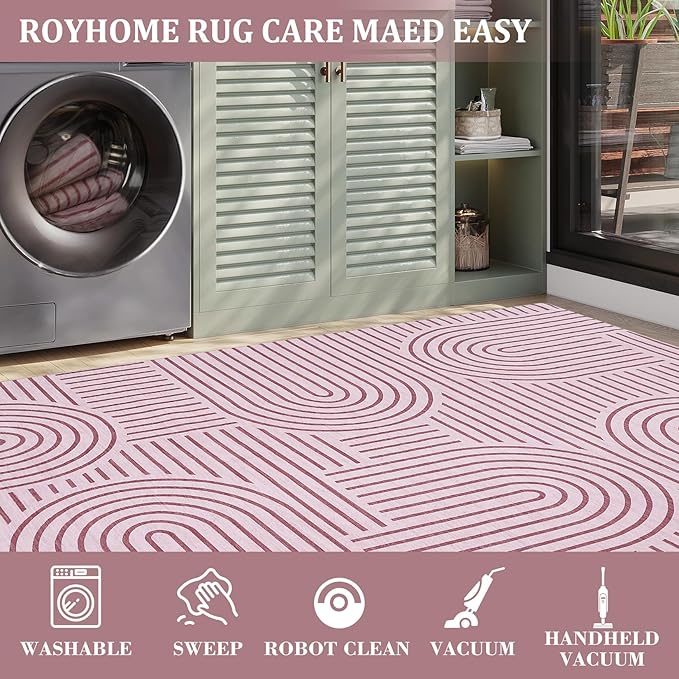 Washable Rug 8x10 Area Rugs for Living Room, Abstract Rug for Bedroom, Soft Rainbow Non Slip Throw Rugs with Rubber Back, Low Pile Stain Resistant Boho Geometric Carpet for Dining Room, Pink