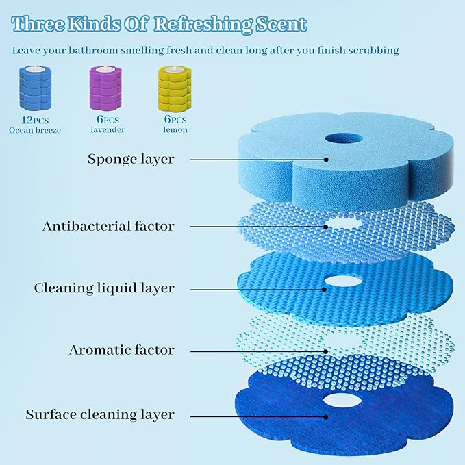 Disposable Toilet Brush Set with Holder, Angled Cleaning Wand with 24 Refill Heads, Wall-Mounted Hygienic Toilet Cleaner (Ocean, Lemon, Lavender Scents)