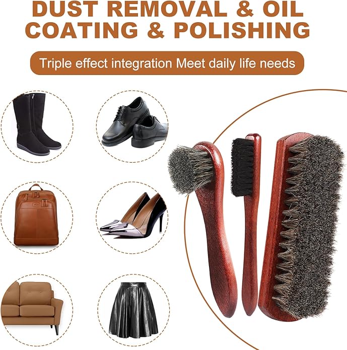 4-Piece Horsehair Shoe Brush Shine Kit - Horse Hair Brush for Leather, Premium Shoe Polish brush, Leather Shoe Boot Brushes for Cleaning and Polishing