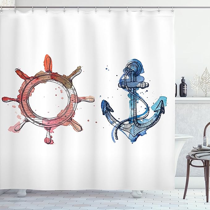 Ambesonne Nautical Shower Curtain, Illustration of an Anchor and Steering Wheel Watercolors Splashes Ink Brush Effects, Cloth Fabric Bathroom Decor Set with Hooks, 69" W x 70" L, Pink Blue