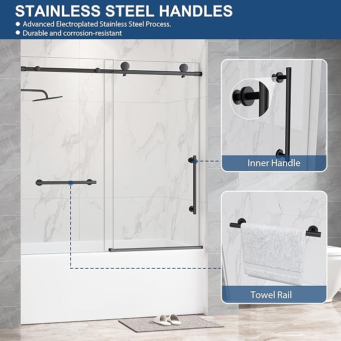Frameless Tub Sliding Door,5/16"(8mm) Bathtub Shower Door with Soft-Close & Anti-Leak,Nano Coating Anti-Explosion Film SGCC Tempered Glass 55"-60" W x 60" H,Matte Black