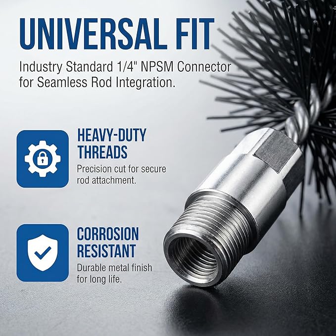 6" Round Poly Chimney Cleaning Brush,1/4 INCH NPSM Fitting,Masonry Flue Compatible 、Stainless Steel Insulated Chimneys, or Metal Stove Pipes