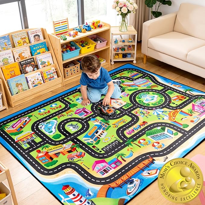 Kids Rug, 5x7 FT Island City Car Rug Play Mat with Realistic Roads and Tracks, Non-Slip, Stain Resistant, Machine Washable, Interactive City Road Carpet for Kids Room, Playroom & Nursery