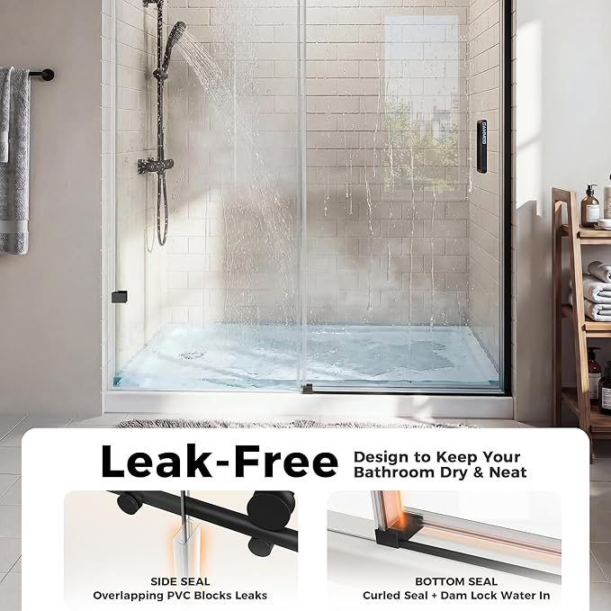 56-60" W x 75" H Frameless Shower Door, Magnetic Sliding Glass Shower Door, 5/16"(8mm) Thick Tempered Glass, Leak-Proof Seals, Stainless Steel Hardware, Easy-Clean Nano Coating, Matte Black