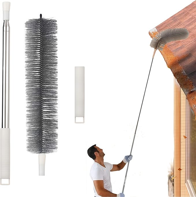 8FT Long Gutter Guard Cleaner, 2 in 1 Cobweb Duster with Extension Pole,Medium Stiff Bristles Ceiling Fan Brush,Good to Remove Leaves Off the Roof/Gutter Guard, Spider Webs Under the Eave/Rafter, Gray