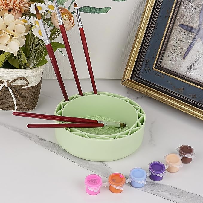 Pen Brush Washer, Watercolor Brush Cleaner, Silicone Brush Bowl Clean, Brush Holder Cleaner, Watercolor Painting Water Cup for Acrylic Oil Painti (Green)