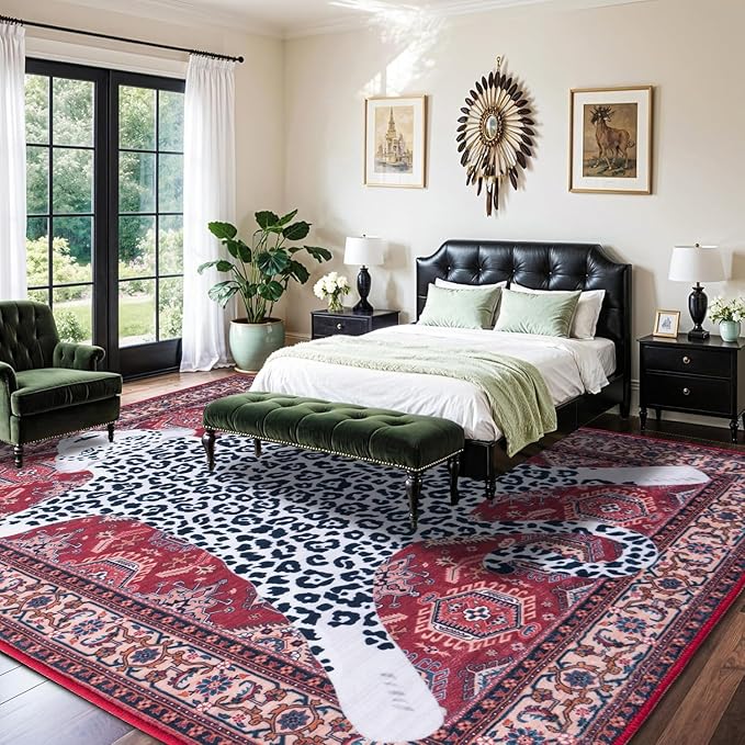 Oriental Leopard Rug 6x9 ft Washable Traditional Red Persian Rug for Bedroom Living Room, Dining Room Under Kitchen Table, Soft Non Slip Thin Rug Carpet (Red Leopard, 6X9 FT)