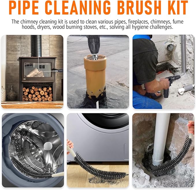 35Feet Chimney Sweep Kit,8 in Brush Head,Dryer Vent Cleaner Kit, Chimney Sweep&Chimney Cleaning Kit, Rotary Chimney Cleaning System for Flue/Fireplace/Sewage Pipe/Hood with 27 Nylon Flexible Rods