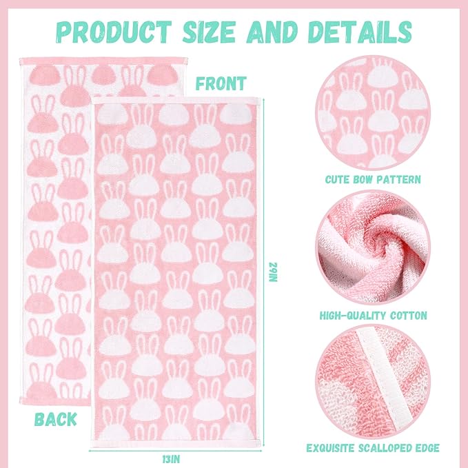 Frienda 4 Pcs Easter Hand Towels for Bathroom 13 x 29'' Soft 100% Cotton Pink and White Bunny Decorative Towel Absorbent Pink Rabbit Bathroom Decor for Drying Cleaning Cooking Gift Easter Decor