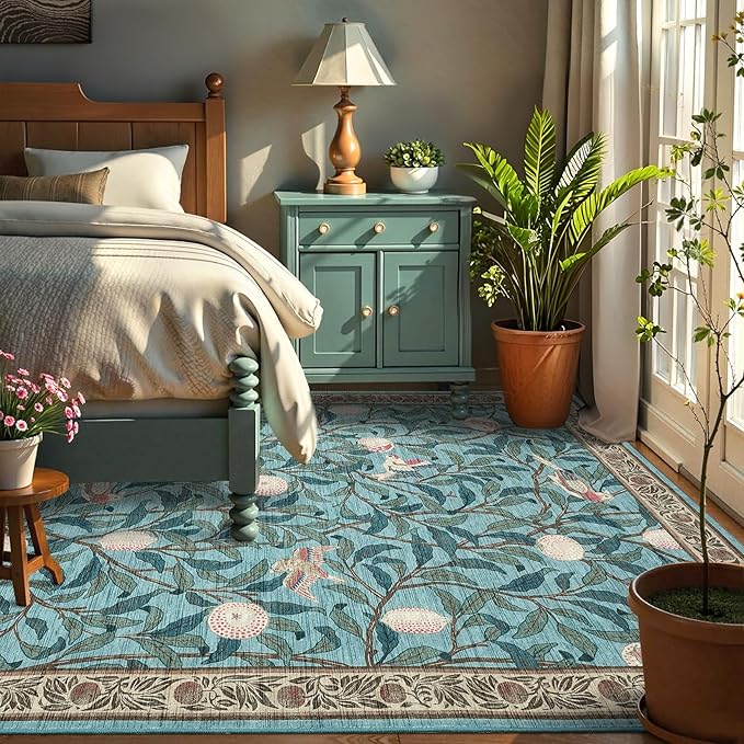 GarveeHome Boho Leaf Rugs for Bedroom, 5x7 Area Rugs for Living Room with Soft Low Pile, Non Slip Botanical Bird 5x7 Washable Rug for Dining Stain Resistant Indoor Blue Carpet for Playroom Dorm