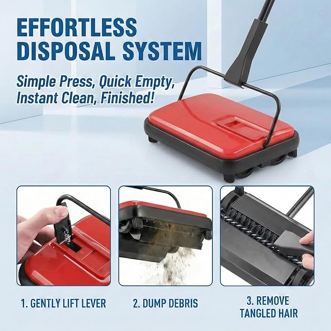 Manual Carpet Sweeper, Electric-Free Quiet Floor Sweeper with 300ml Easy-Empty Dustbin, 6.7” Cleaning Width for Pet Hair, Crumbs, Dust on Carpets, Hardwood, Tile - Home & Office Use (Red)