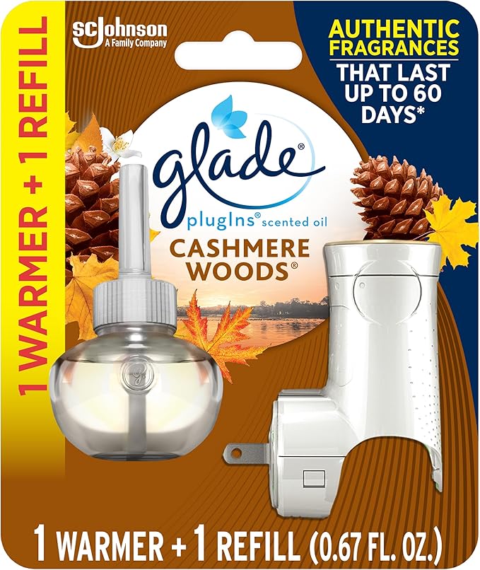Glade PlugIns Refills Air Freshener Starter Kit, Cashmere Woods, Scented and Essential Oils for Home and Bathroom, 0.67 Fl Oz, 1 Warmer + 1 Refill