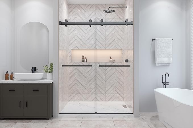 Twinglide VITRA-200 Frameless Shower Door 56.5-59" Width x 78" Height with 3/8" (10mm) Clear Tempered Glass (Matte Black Double Towel Bars)