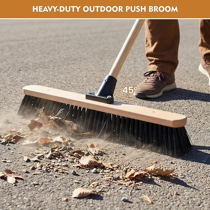 24-Inch Push Broom Set for Indoor & Outdoor Cleaning, Heavy Duty Sweeping Brooms with 61-Inch Solid Wood Handle, Soft & Stiff Bristle Combo for Garage, Shop, Patio & Home (2-Pack)