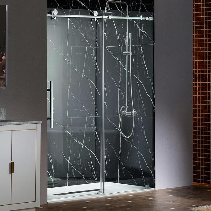 Woodbridge Frameless Single Sliding Shower Doors in Polished Chrome Finish, 45.5-48" Width x 76" Height with 3/8"(10mm) Clear Tempered Glass, Soft Close System and Explosion-Proof Film, BSDC4876-C