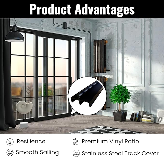 KC Hardware Premium Vinyl Sliding Door Track with Stainless Steel Cover - Ideal for Glass and Screen Doors, Home Improvement and Patio (72 Inches, Black)