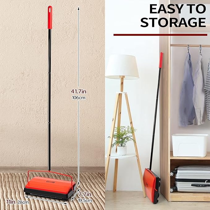 JEHONN Carpet Floor Sweeper Manual with Horsehair, Rotor Brush Heavy Duty for Pet Hair Clean