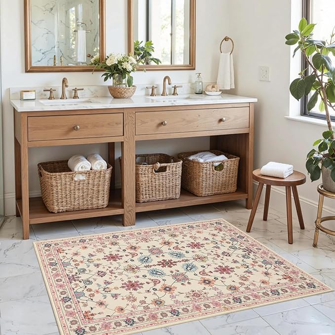 Pink Door Mat Floral Entryway Rug, Washable Samll 2x3 Rug, Boho Front Door Mat, Non Slip Area Rugs, Low Pile Throw Carpet for Indoor Entrance,Bathroom,Girls Room and Kitchen(Blush Pink 2x3ft)