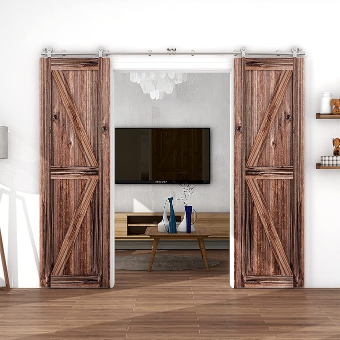 TSMST 11FT Sliding Barn Door Hardware Kit, Top Mount Stainless Steel Heavy Duty Sturdy Barn Door Track for Double Wood Door, Slide Smoothly Quietly (T Style)