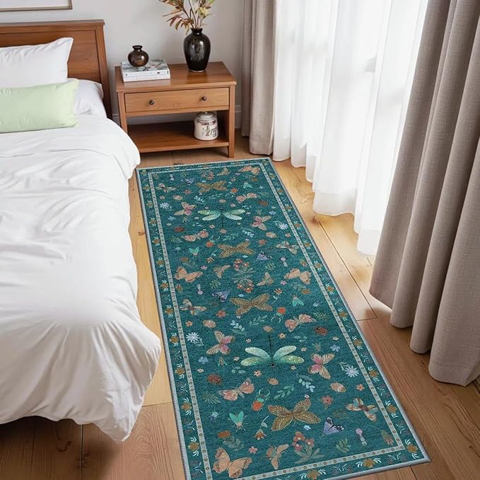2x6 Floral Runner Rug, Washable Runners for Hallways, Green Vintage Boho Kitchen Rugs, Non Slip Hallway Runner Carpet for Indoor Hallway, Kitchen, Laundry Room and Bathroom(Teal 2x6ft)