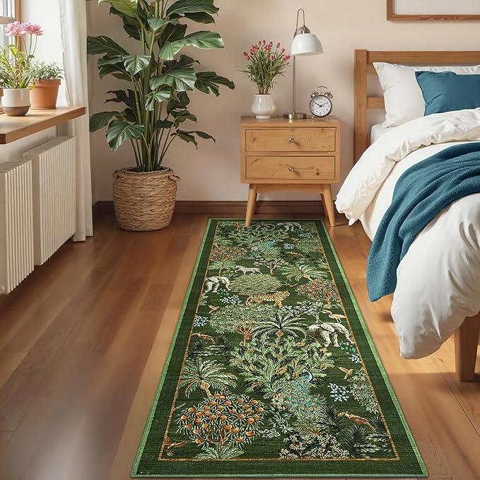 GarveeHome Jungle Rug 2.5x8 Kitchen Runner Rug Non Slip Washable Runners for Hallways, Animal Print Runner Rugs with Rubber Backing Low-Pile Forest Long Carpet for Bedroom Entryway Laundry, Dark Green