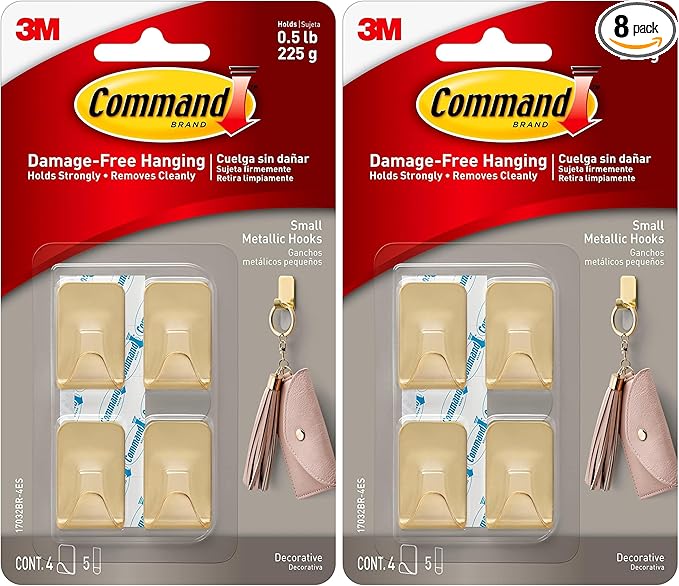 Command Small Metallic Wall Hooks, Total 16 Hooks with 20 Strips (8-Pack of 4 Hooks), Holds up to 0.5 lb, Brass Color, Removable Self Adhesive Hooks, Great for Wall Décor