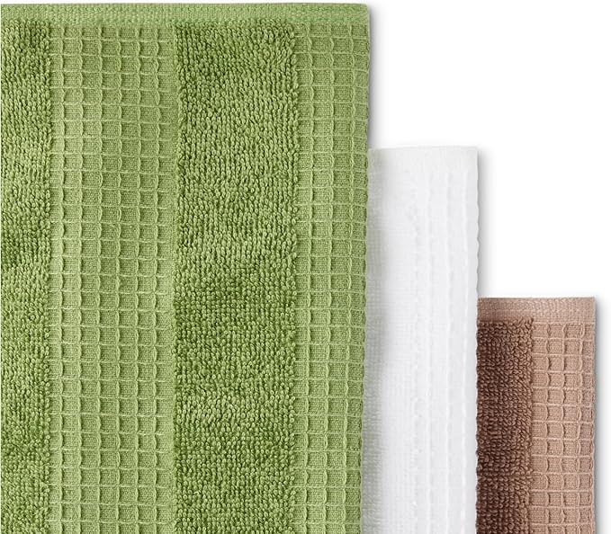 Amazon Basics 100% Organic Cotton Waffle Kitchen Dish Cloths, Ultra Absorbent, Quick Drying, Lint-Free, 12 x 12 inches, 6-Pack (2 Brown, 2 Olive, 2 Navy)