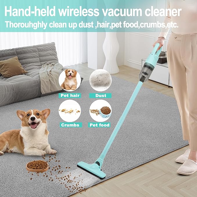 6-in-1 Lightweight Stick Vacuum Cleaner with 100W Powerful Motor, Mini Portable Household Handheld Vacuum Cleaner for Domestic Hard Floors, Carpets and Pet Hair(Green Cordless with Plug)