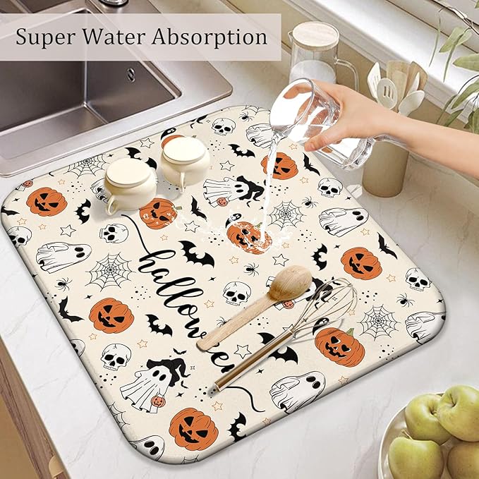 Halloween Dish Drying Mat for Kitchen Counter,Horror Halloween Pumpkin Skull Ghost Pattern Microfiber Drying Mat,Washable Absorbent Countertop Holiday Dish Mat Drain Pad,16x18Inch
