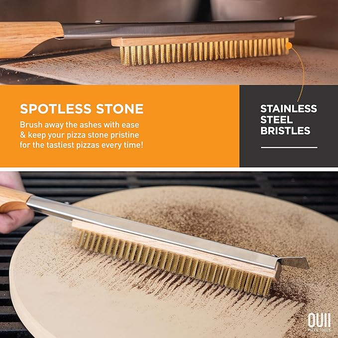 26'' Pizza Oven Brush with Stone Scraper - Includes 3 Brush Heads, Heat-Resistant Gold Stainless Steel Bristles - Long Grip Handle, Compatible with Ooni, Gozney, Blackstone, Solo Stove Ovens