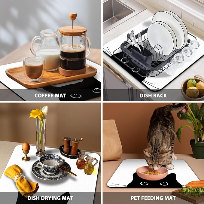 Black Cat Dish Drying Mat - Funny Black Cat Absorbent Dish Drying Mat for Kitchen Counter, Coffee Bar Mat, Coffee Maker Mat for Countertops, 16x17.5 Inch