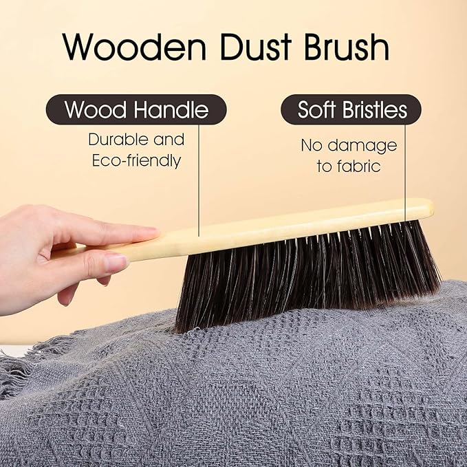 8 Pieces Hand Broom Brush, Natural Wooden Dust Brush Soft Bristles Dusting Cleaning Brush Long Handle Whisk Broom Brush Air Broom for Cleaning Car Bed Sofa Fireplace Clothes Bench Furniture