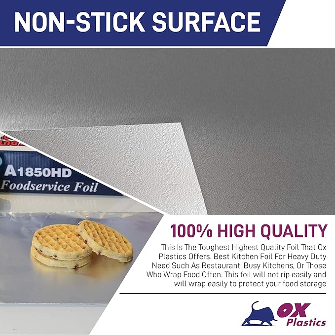 Ox Plastics Aluminum Foil Wrap | Heavy-Duty, Commercial Grade for Food Service Industry | Silver Foil for Cooking, Roasting, Baking, BBQ & Parties | 18"x 500 feet (4 Pack)