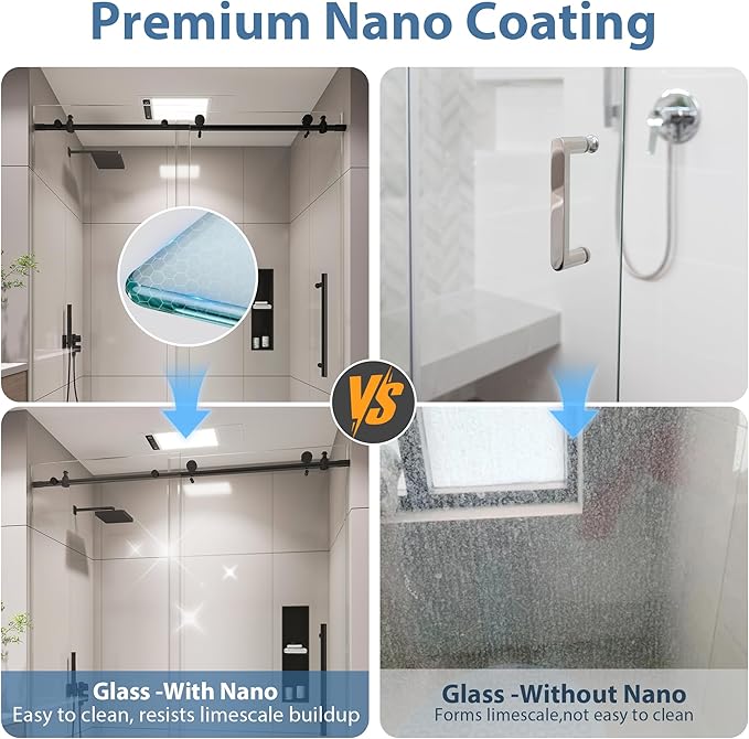 KPUY Frameless Shower Door, 49-54" W x 76" H Sliding Glass Shower Door, 1/4" (6mm) Thick Tempered Clear Glass with Explosion-Proof Film Nano Coating, Stainless Steel Hardware, Matte Black