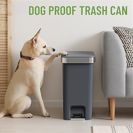 Bathroom Trash Can with Lid, 2.6 Gallon /10 Liter Small Garbage Can, Press Top Bin & Step Metal Pedal Trash Bin Plastic Wastebasket for Bedroom, Office, Kitchen, Dorm (Black Gray)