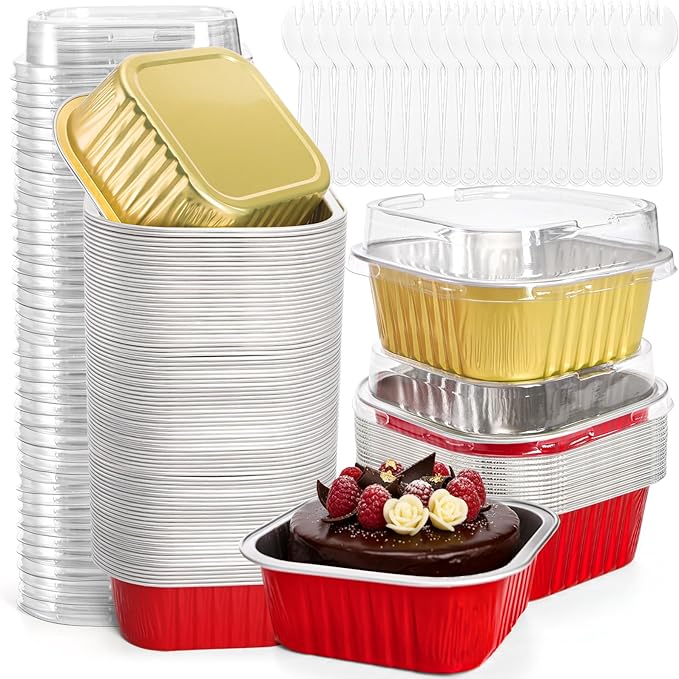ZEAYEA 60 Pack 10 oz Aluminum Foil Baking Cups with Lids and Spoons, Disposable Foil Ramekins Cupcake Containers, Cupcake Muffin Liners Cups for Wedding Christmas Birthday Party