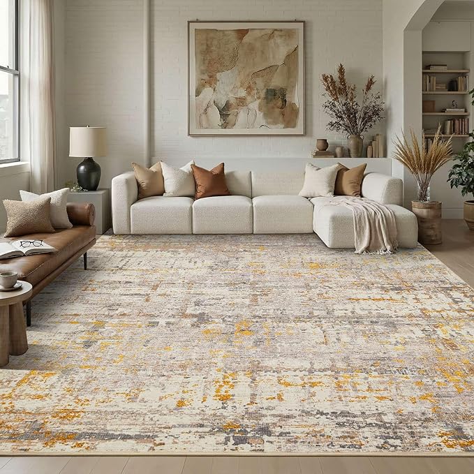 10x14 Extra Large Washable Area Rug, Soft Abstract Vintage Rug for Living Room, Bedroom, Office, Farmhouse, Low Pile Imitation Wool Non Slip Carpet Ideal for High-Traffic Areas, Beige Gold