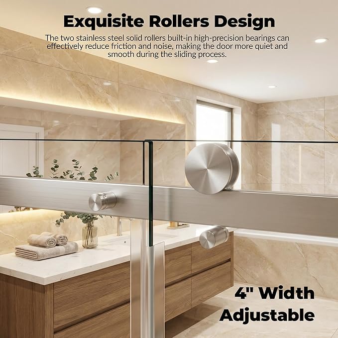 Frameless Shower Door, Adjustable 56"-60" Width x 76" Height, 6mm (1/4") Clear Tempered Safety Glass with Coating, Brushed Nickel Square Rail System, One Fixed One Sliding
