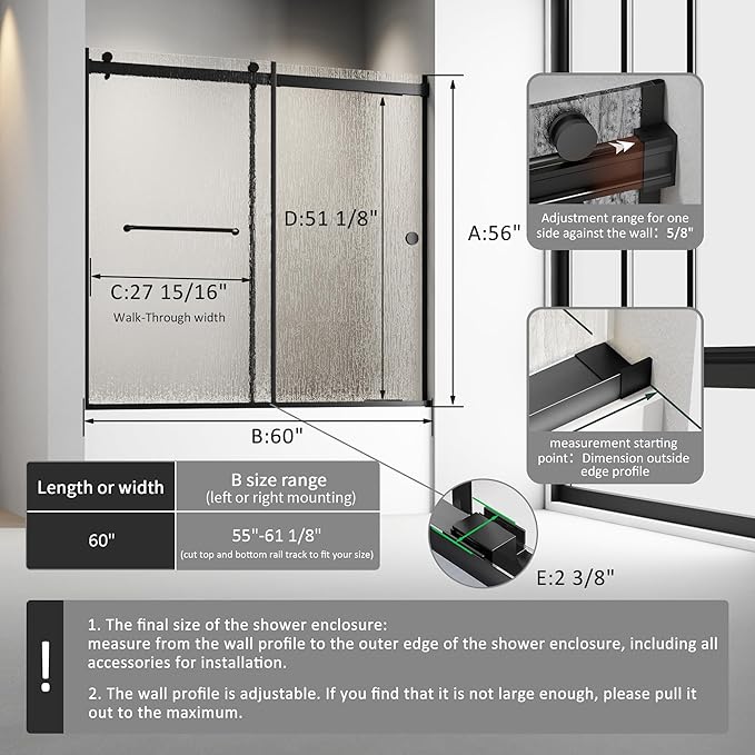 Bathtub Sliding Door 60" W x 56" H, Tub Shower Door, Frameless Bypass Double Sliding Door Tempered Rain Glass with Explosion-Proof Film Stainless Steel Black
