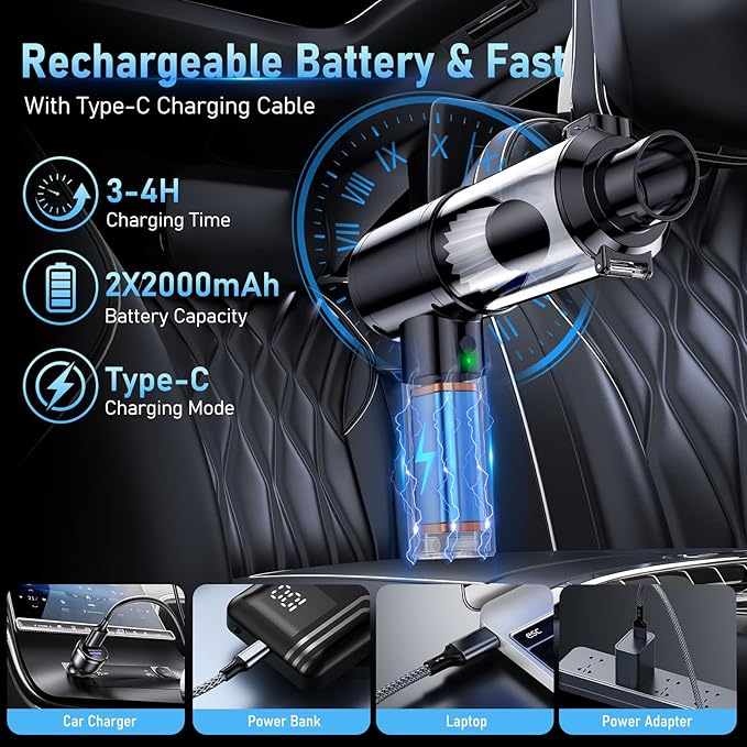Car Vacuum Portable Cordless, 35000Pa High Power Brushless Motor Handheld Vacuum, 6-in-1 Rechargeable Mini Cleaner with Air Duster for Car, Home, Pet Hair, Keyboard,Graphite Grey