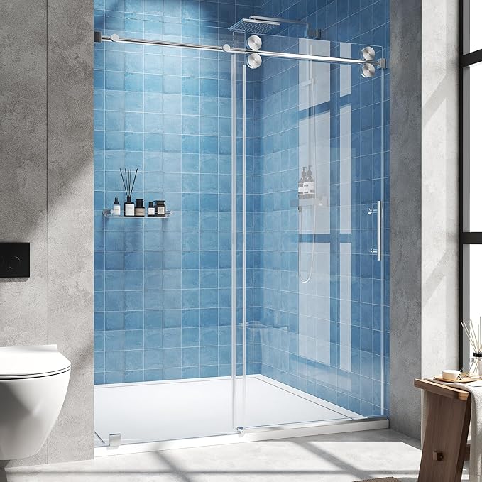 Frameless Sliding Shower Door 56–60 in W x 76 in H, 5/16" (8mm) Clear Tempered Glass Shower Doors Glass Sliding 60 Inches, Double Nano Coating, Stainless Steel Hardware, Silent Smooth Rollers, Chrome