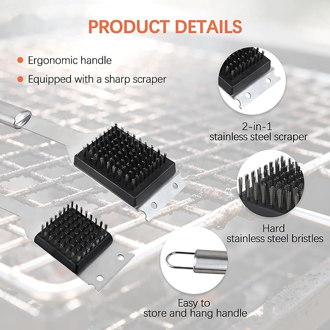 2 Pack Grill Brush and Scraper, 16" & 14" Stainless Steel Handle BBQ Cleaner - Heavy Duty Grate Cleaning Tool for Outdoor BBQ, Cookout, Gas/Charcoal Grills