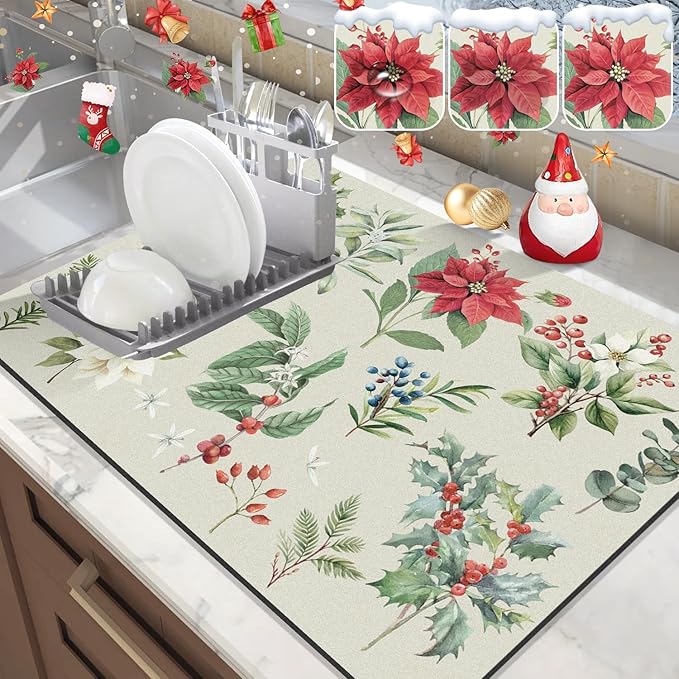 LOKHOM Christmas Dish Drying Mat for Kitchen Counter, 18"x24" Absorbent Christmas Sage Flower Herbs Drying Mat with Red Plants, Christmas Holiday Dish Rack Mat Coffee Maker Dining Room Decoration