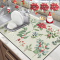 LOKHOM Christmas Dish Drying Mat for Kitchen Counter, 18"x24" Absorbent Christmas Sage Flower Herbs Drying Mat with Red Plants, Christmas Holiday Dish Rack Mat Coffee Maker Dining Room Decoration