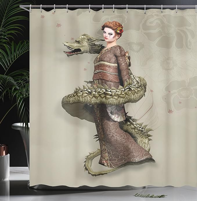 Ambesonne Fantasy Shower Curtain, Westernly Geisha with Cry Make-Up Wrapped by Spiralling Dragon, Cloth Fabric Bathroom Decor Set with Hooks, 69" W x 70" L, Eggshell Green