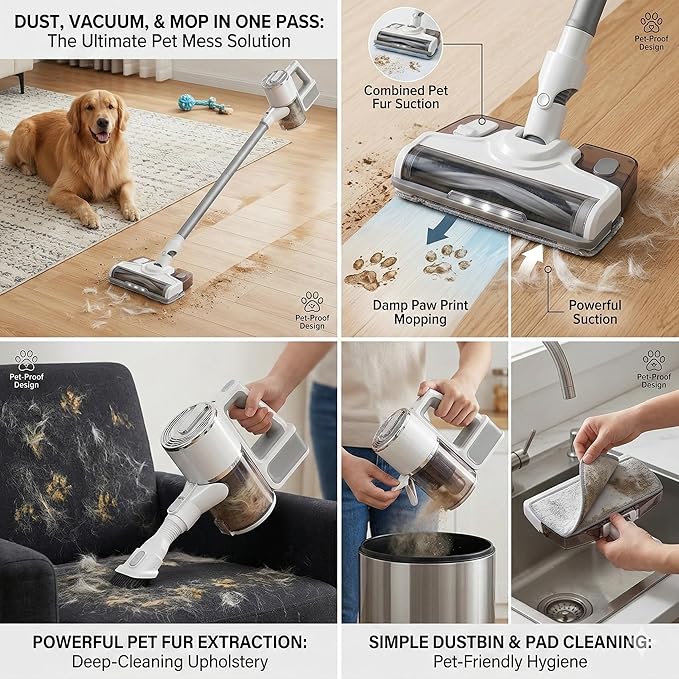 Wet Dry Vacuum Cleaner,3-in-1 Cordless Vacuum and Mop Combo，45Mins Runtime Vacuum Cleaners,45KPA Strong Suction，Anti-Tangle Brush Roll Removable water tank for Home/Pet Hair/Carpets/Floors，White