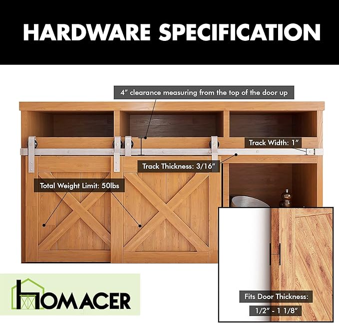 Homacer Mini Brushed Nickel Single Track Bypass Sliding Barn Door Hardware Kit, for Two/Double Doors, 78-inch Long Flat Track, Straight Design Roller, Cabinet TV Stand Console Use…